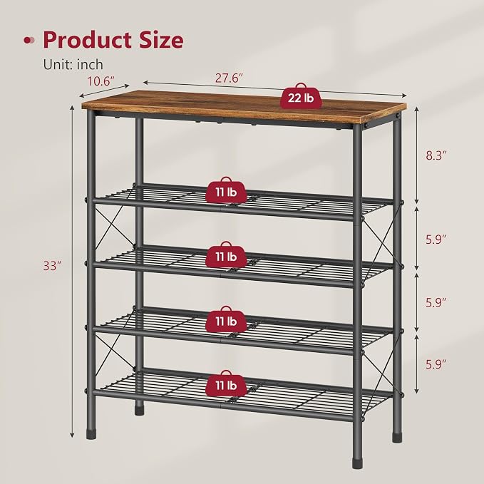 Tajsoon 5 Tier Shoe Rack Organizer for 16-20 Pairs of Shoes, Metal Mesh Shoe Shelf for Closet, Industrial Shoe Rack for Entryway Shoe Storage with X Shape Fixed Frame, Rustic Brown & Black