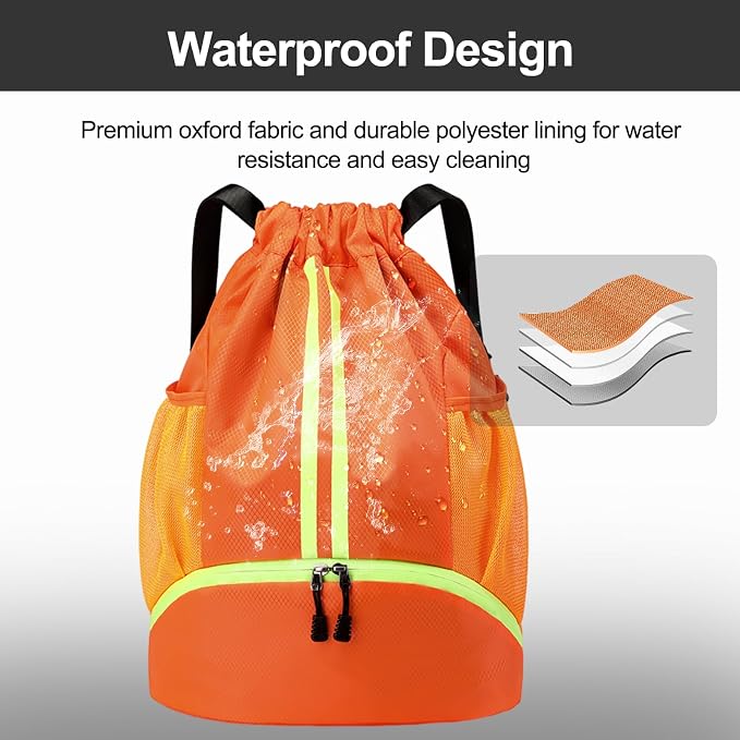 Hoedia Sports Drawstring Backpack - String Swim Gym Bag with Shoes Compartment and Wet Proof Pocket for Women&Men