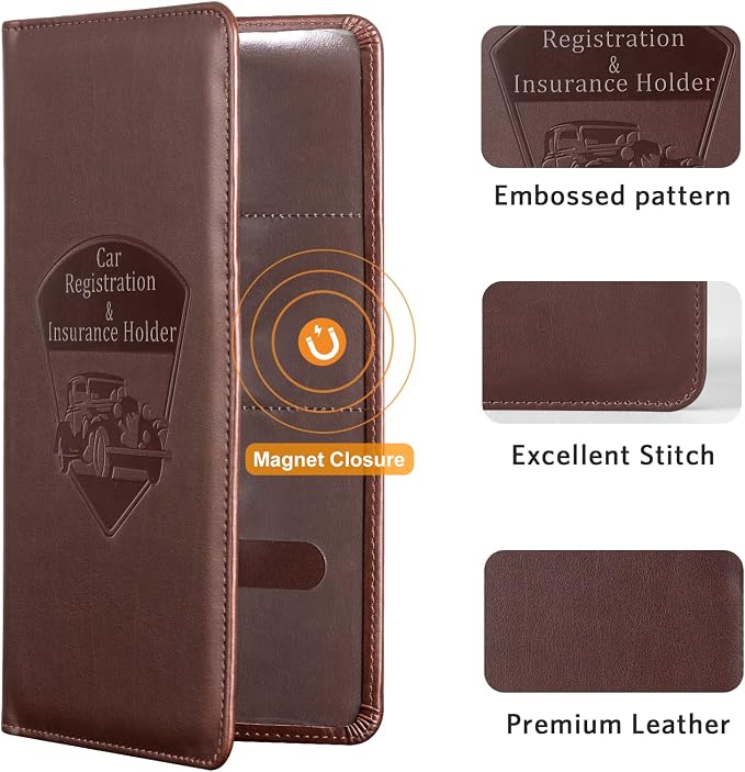 CoBak Premium Faux Leather Car Document Holder with Magnetic Closure and 6 Compartments | Vehicle Glove Box Organizer, Auto Truck Compartment Document Case with Magnetic Closure for Insurance & Driver License