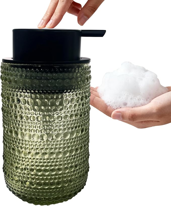 Foaming Soap Dispenser, Refillable Clear Glass Pump Bottle, 13.5 Fl Oz Vintage Foam Dispenser with Black Pump, Multi-Use for Bathroom Kitchen Hand Soap & Lotion, Modern Home Decor (Green)