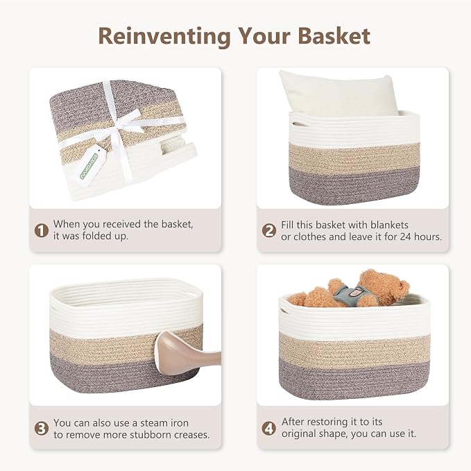 ECDYQXVU 15x10x9 Woven Cotton Rope Storage Basket, Leather Handles 1 Pack | Foldable Design, Sturdy PU Handles, Easy to Clean Organizer for Living Room, Closet, Shelves, Bedroom, Laundry, Clothes