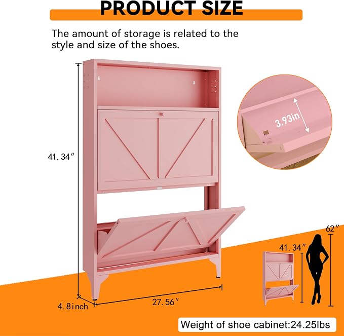 Shoe Cabinet with 2 Flip Drawers and Open Top Space-Metal Narrow Shoe Rack for Entryway,Hallway,Living Room-Hidden Metal Shoe Cabinet-Freestanding Shoe (2 Door, Pink)