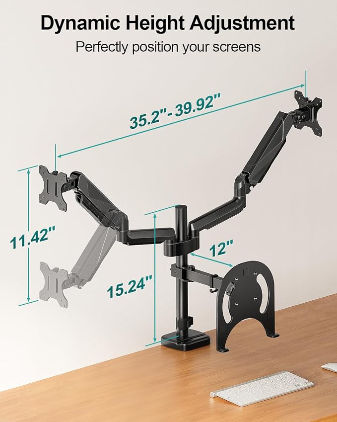 MOUNT PRO Monitor and Laptop Mount for 2 Max 27" Computer Screens, Laptop Tray Fits 10-17inch Notebook, 3-in-1 Adjustable Laptop and Monitor Desk Mount with VESA Bracket 75/100mm