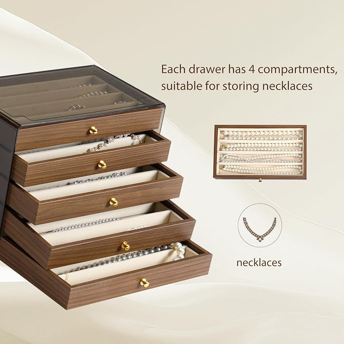 CLUQMEIK 5 Layer Necklace Jewelry Box, Vintage Wooden Jewelry Box with Acrylic Cover Stackable Necklace Storage Organizer for Women and Girls to Storing Necklaces