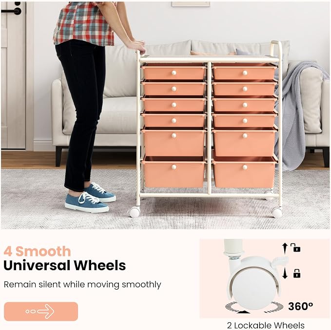 Moccha 12-Drawer Rolling Storage Cart - Utility Cart on Wheels with Lockable Casters for Craft Art Supply Paper Salon, Mobile Drawer Carts for Classroom Teacher School Office (Peach)