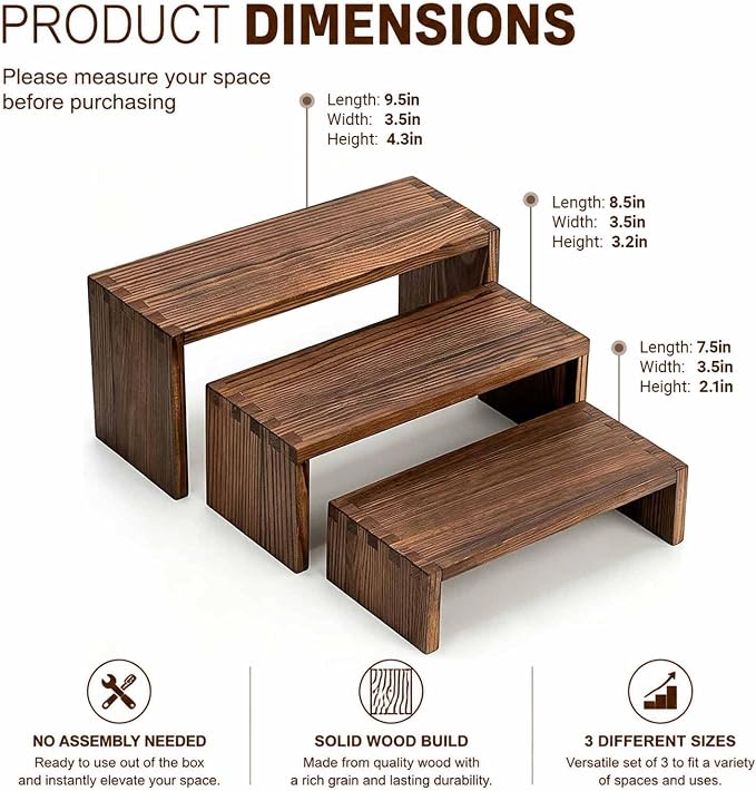 3-Tier Wooden Display Risers, Tiered Display Stand, Shelf Risers for Table Display, Small Wood Display Shelf (1, Cranberry)