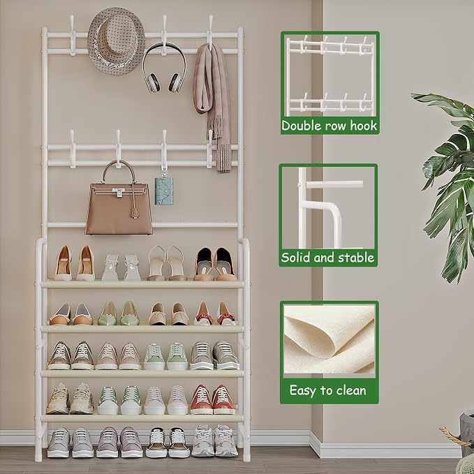Coat Rack Shoe Rack With Storage Shelf Freestanding with 8 Hooks for Entryway Bedroom Closet (White, 4Tiers)