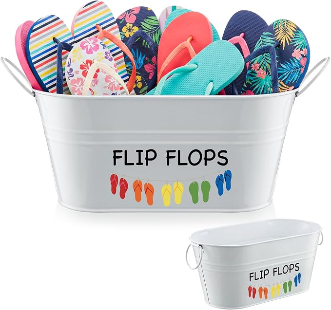 Blulu 10.6"x4.7" Flip Flop Storage Bucket Metal Poolside Basket Above Ground Pool Bin Summer Basket Outdoor Storage for Sunscreen Goggles Flip Flop Spf Swimming Camping Beach Accessories Decor