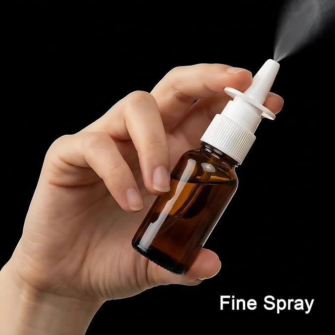 6 Pack 30ml (1oz) Amber Glass Nasal Spray Bottle, Empty Refillable Glass Nasal Sprayers Mist Bottles with Funnels, Dispensing Container with White Pump Sprayer (30ml(6pcs))