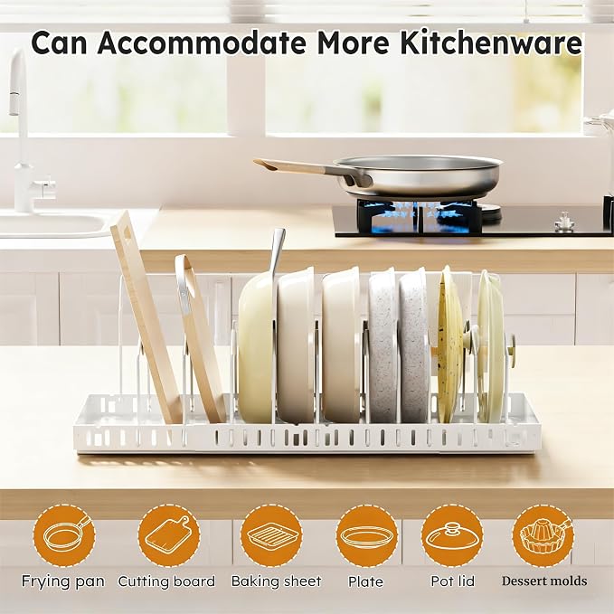 DTUQYX Pots and Pans Organizer Under Cabinet - 2 Pack Pull Out Expandable Pan Organizer Rack with Adjustable 20 Dividers,Cookware Storage Rack for Pots,Pans,Lids,Kitchen Cabinet Space Saving