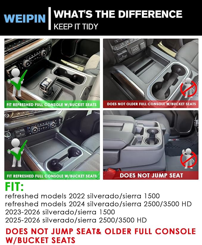 for 4PCS Door Organizer Tray& 2PCS Lower Center Console Organizer Tray Compatible with 2022–2026 Silverado&Sierra 1500/2024–2026 Silverado&Sierra 2500HD/3500HD–Full Console w/Bucket Seats Only