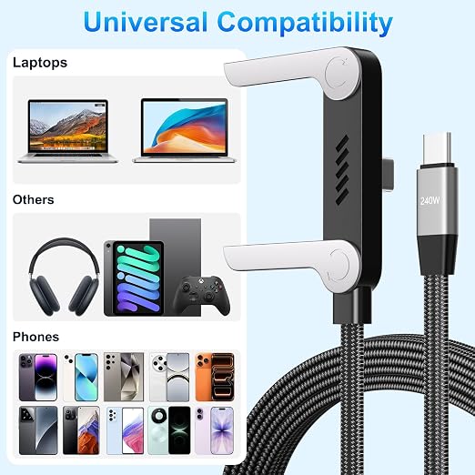240W Braided Fast Charge Cable, 2026 New Invisible Holder Charger Cable with Stand, 4.92ft Foldable Durable 240W Stand Data Cable USB-C Cord 90 Degree Right Angle USB C Cable, Type C to Type C (1)