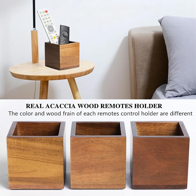 LBEMEY Remote Control Holder Caddy, Farmhouse Acacia Wood TV Remote Holder, Vintage Desk Caddy, Remote Organizer for Table (Brown - for 2 or 3 Remote Controls)