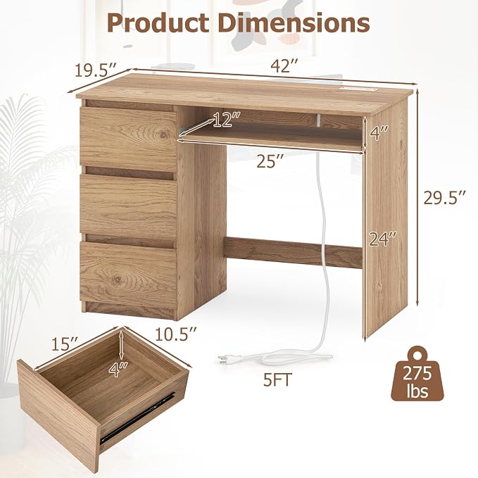 GOFLAME Computer Desk with 3 Drawers & Charging Station, 42” Home Office Desk with Storage & Keyboard Tray, Writing Desk PC Workstation Vanity Table (Natural)