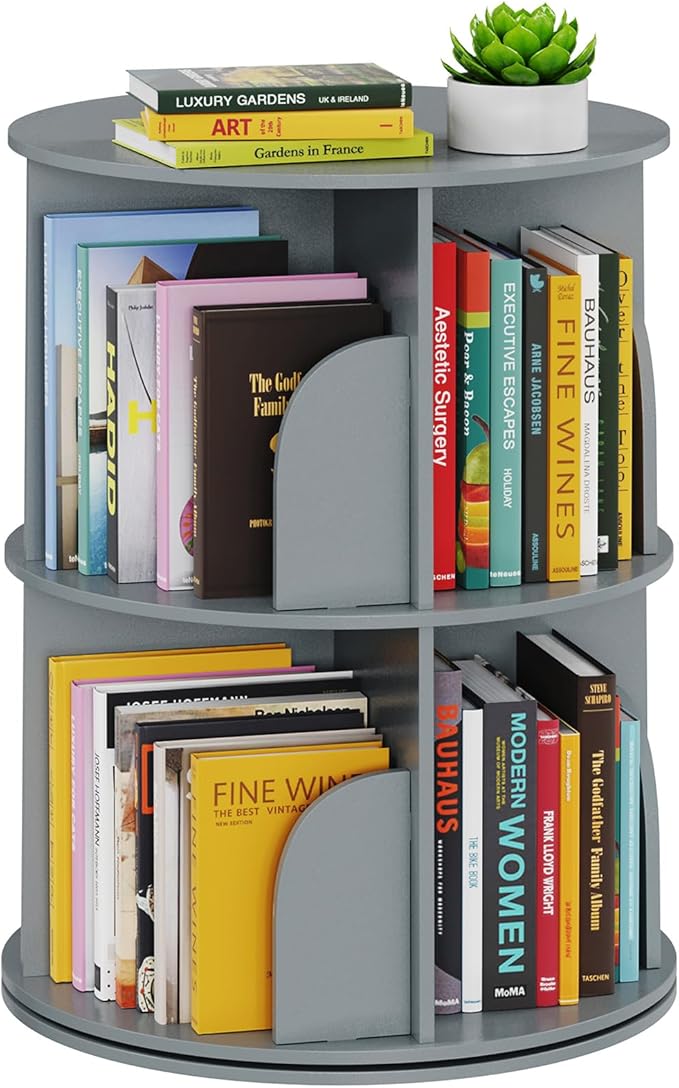 SpaceAid 2 Tier Rotating Bookshelf Tower, Spinning Bookcase Lazy Susan, Revolving 360 Book Shelf Storage Round Carousel, Vertical Rotate Turning Spiral Corner Organizer, Gray