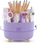 KONVINIT Pencil Pen Holder for Desk, 5 Slots 360-Degree Rotating Desktop Organizer, Cute Desk Organizers and Accessories for School, Home, Office and Art Supply, Purple