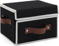 Storage Bins Box with Lids Front Opening Window Decorative Cotton Linen Fabric Basket PU Leather Handles Washable PP Plastic Board Foldable Shelf Closet Organizer Container (Black, Small)
