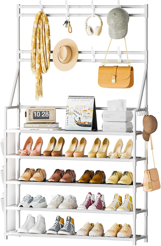 OYREL Shoe Rack 5 Tier Shoe Racks Organizer 20-25 Pairs for Closet | Entrance Shoe Storage Shelf with Hooks and Side Pocket Entryway Shoe Holder Space Saving Free Standing Shoe Racks