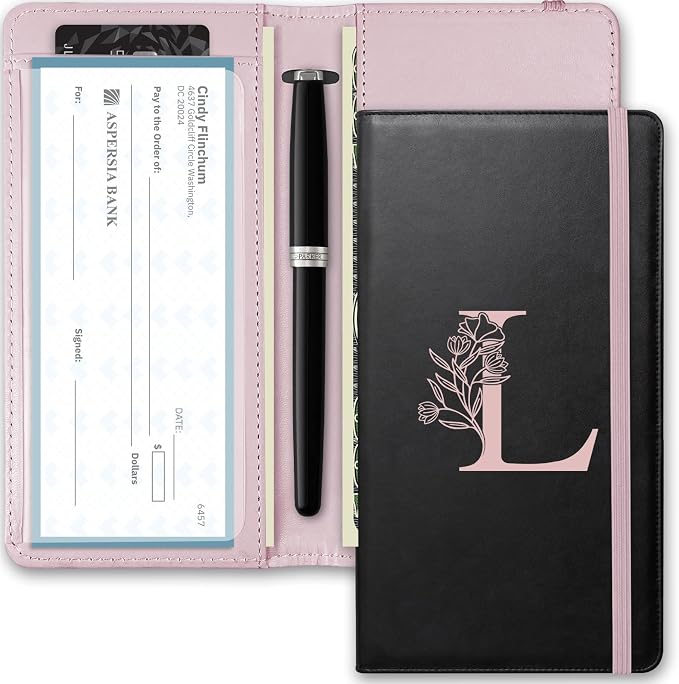 Letter Checkbook Cover, RFID Blocking Checkbook, Duplicate Checks with Pen Holder, Cards Slots, Multi-Functional Checkbook Holder for Personal and Business Checks