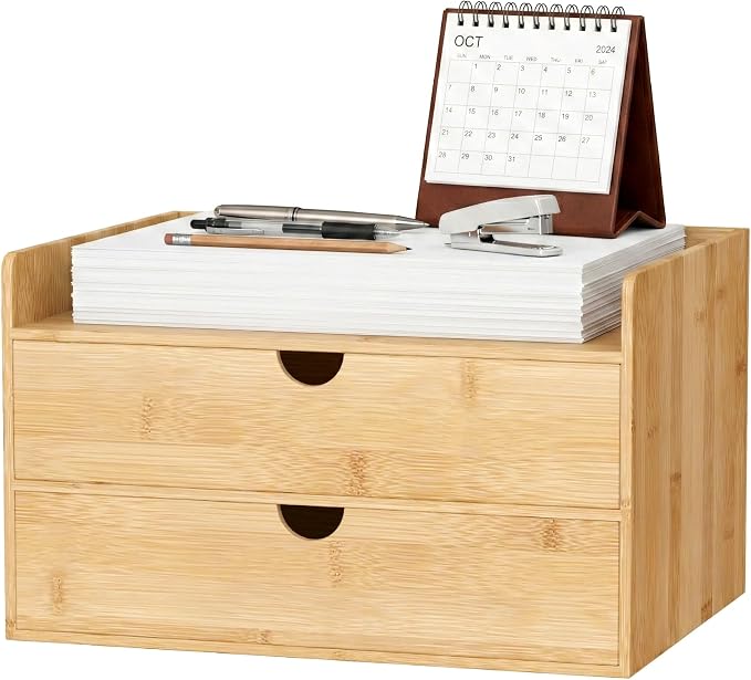 Bamboo Desk Organizer with Drawers, Desktop Storage for Office Supplies | 2 Drawers Desktop organizer, No Assembly Required, Natural Wood Wooden Desktop Drawers Box for Bills, Cosmetics, Seals, Paper