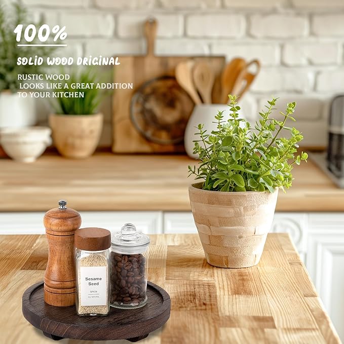 Round Decorative Tray Farmhouse Kitchen Decor Soap Dish, 8" Bark Brown | Waterproof, Lightweight, Easy Clean, Wood Riser Pedestal Stand Accessories for Office Desk, Vanity, Counter, Sink