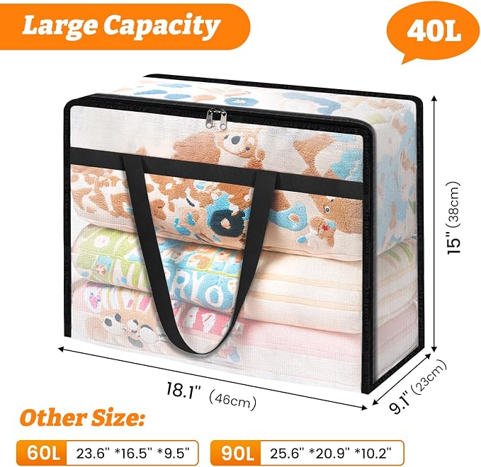 BlissTotes Moving Bags 40L 4PCS, Clear Clothes Storage Under Bed Storage | Foldable Clothes Storage Bags with Sturdy Zippers & Handles for Comforter, Bedding, Books, Sheet, Transparent Containers