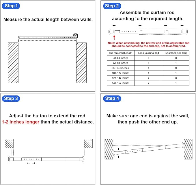 Large Long Tension Curtain Rod 43-122 in (3.6-10.2 ft) | 1.26" Diameter, Spring Adjustable Heavy Duty Curtains Pole for Windows Door Bathroom Patio Outdoor No Drilling, Black