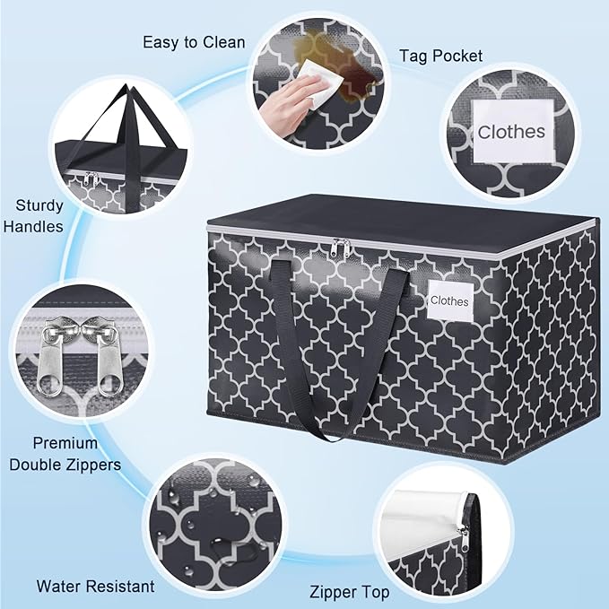 Extra Large Moving Bags, Heavy-Duty Storage Totes with Zipper Top and Sturdy Handles, Moving Supplies for Space Saving and Packing, Collapsible Storage Bags, Black & Gray, 100L, 10-Pack