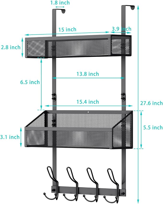 2-Tier Over Door Hook & Basket Organizer 12 Hooks + 2 Mesh Baskets for Bathroom Towels, Kitchen Pantry & Bedroom Storage, No-Drill Hanging Rack, Black