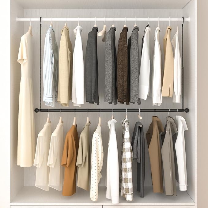 SUTINE Closet Rods for Hanging Clothes, Adjustable Metal Closet Extender Hanging Rod, Space-Saving Closet Rod Extender Clothes Hanging Bar, Closet Poles for Hanging Clothes (Black, 31.5-47.2 IN)