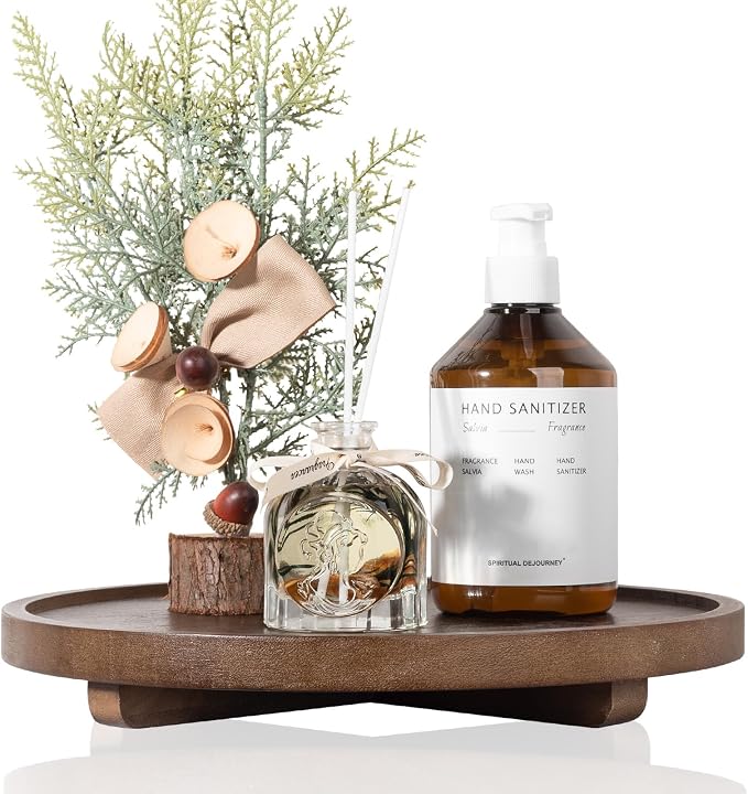 Round Decorative Tray Farmhouse Kitchen Decor Soap Dish, 12" Walnut | Waterproof, Lightweight, Easy Clean, Wood Riser Pedestal Stand Accessories for Office Desk, Vanity, Counter, Sink