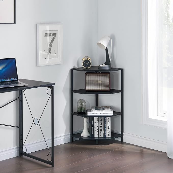 VECELO 31 Inch Corner Shelf, 4-Tier Display Shelves, Wood Storage Stand with Metal Frame, Multipurpose Shelving Unit for Small Space, Home Office, Black