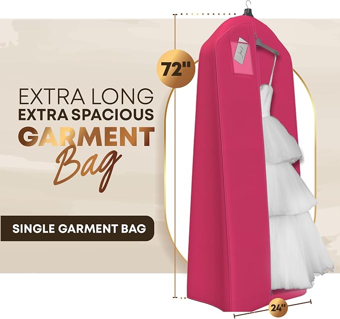 Your Bags Wedding Dress Garment Bag - Garment Bags for Travel & Hanging Clothes or Storage Preservation - 72" Wedding Dress Bag for Gowns Long with 20" Gusset for Puffy Bridal Gowns Cover - Fuchsia