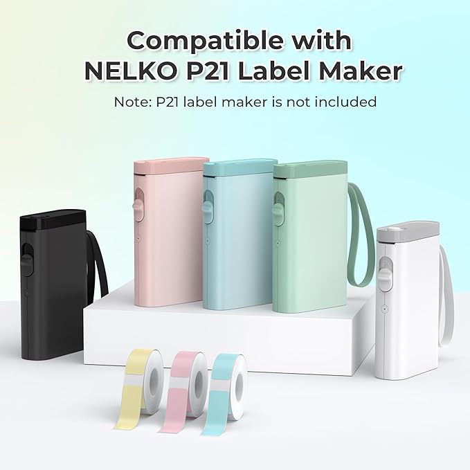 NELKO Genuine P21 Label Maker Tape, Adapted Label Print Paper, 14x40mm (0.55"x1.57"), Standard Laminated Office Labeling Tape Replacement, Multipurpose of P21, 180 Tapes/Roll, 3-Roll, Blue/Yellow/Pink