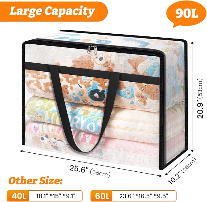 BlissTotes 6 Pack Clear Clothes Storage Bags, Moving Bags, Foldable Blanket Storage Under Bed Storage Containers with Sturdy Zipper and Handle for Clothing, Comforter, Bedding, Sheet (90L)
