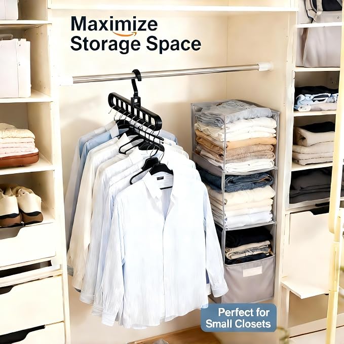 9 Space-Saving Hangers Heavy-Duty PP Plastic Tiered Hanger Organizer with Non-Slip Foldable Design, for Closet (Black, 10)