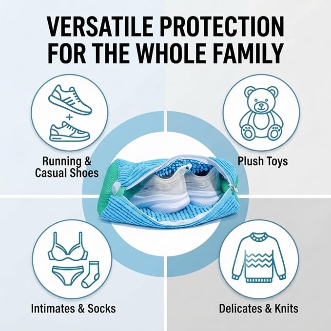 2 Pack Shoe Washing Machine Bag, Works for Washer & Dryer, Reusable Laundry Bag with Self-Locking Zipper, 360° Deep Cleaning for Sneakers and Tennis Shoes (Blue)
