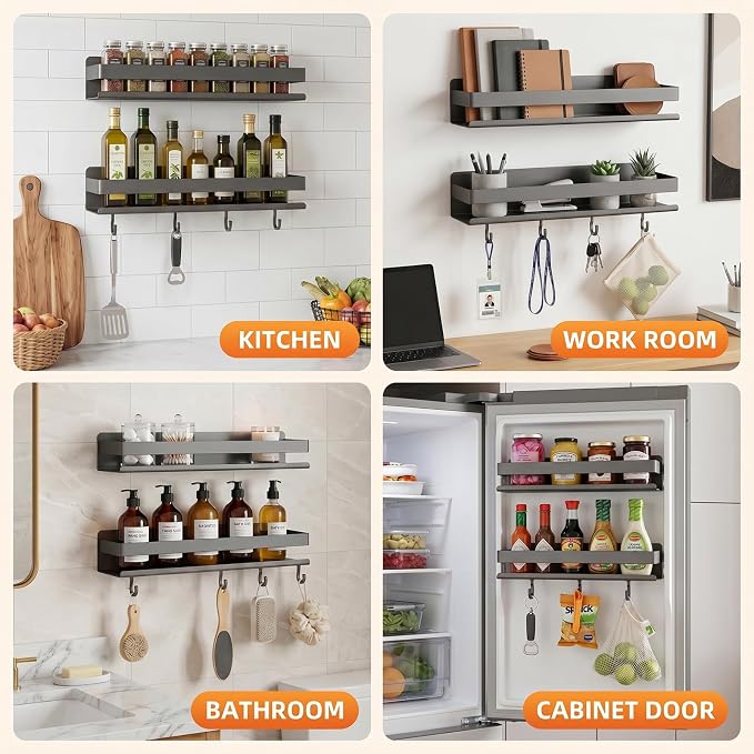 2-Pack Wall Mount Spice Rack,Easy to Install on the anywhere,Carbon Steel Kitchen Organizer with Hooks for Oil Salt Seasonings&Bathroom Toiletries,Grey