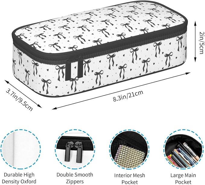 Black Bow Large Pencil Case for Girls Boys, Pencil Pouch Pen Bag Kids Teen | Big Capacity with Flip Top Zipper Stationery Organizer Storage Back to School Supplies for School Office College Student