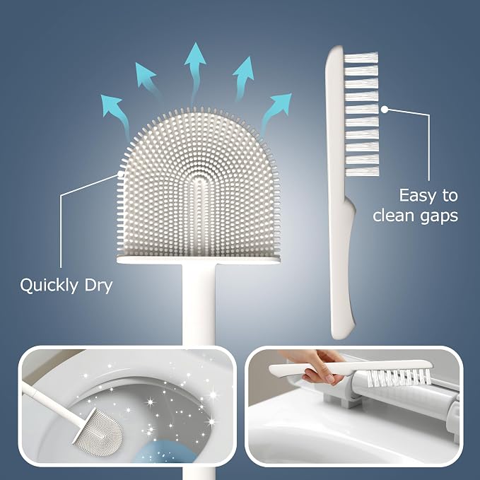 2 Pack Silicone Toilet Brushes & Holders– Includes 2 Crevice Brushes for Bathroom, Long Non-Slip Handle – Durable Bathroom Cleaning Set.