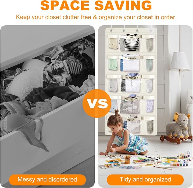 Weekly Hanging Closet Organizer for Kids,Day of Week Kids Clothes Organizer,School Clothing Storage Monday to Friday Hanging Closet Organizer Shelves for Bedroom,Bathroom,Dorm (Beige)