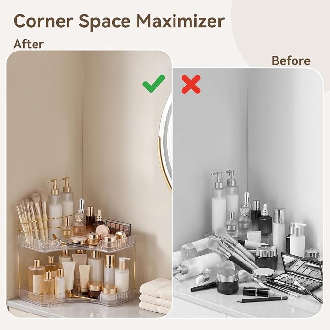 2-Tier Corner Bathroom Counter Organizer with Makeup Brush Holder, Clear | Large Makeup Organizers for Vanity, Corner Bathroom Countertop Organizer for Cosmetic Perfume Skincare Storage