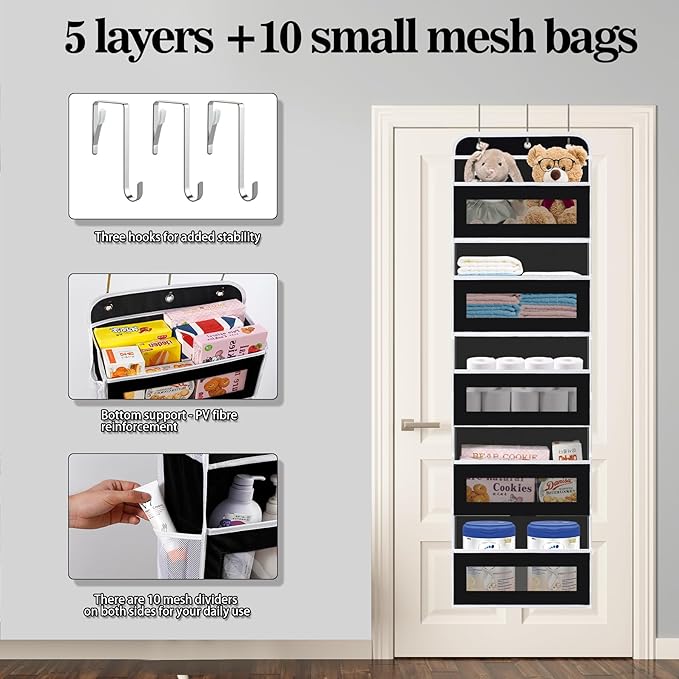 KYEVIS Over The Door Organizer, 5 Shelves Closet Door Hanging Organizer with 10 Mesh Pockets, Nursery Closet Organizers, Baby Essentials, Dorm Room Essentials for Girls