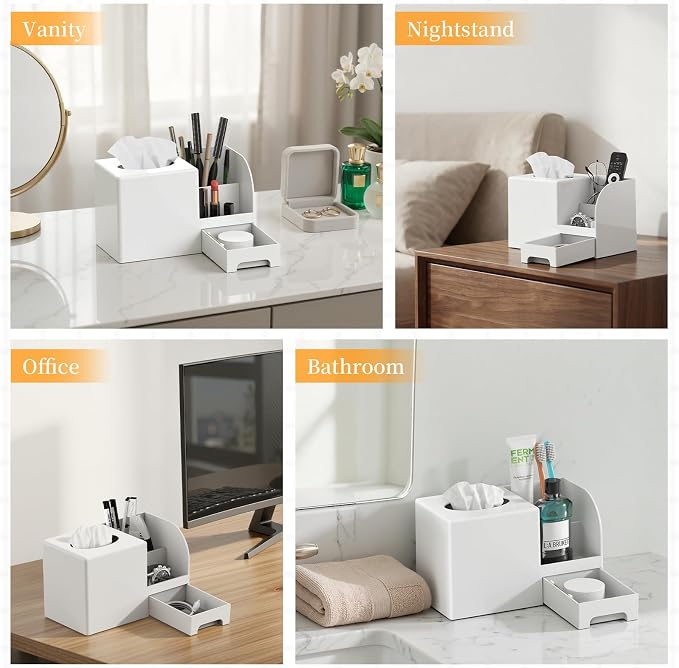 Chintu Makeup Brush Tissue Holder, Acrylic Makeup Organizer, Desk Organizer for Dorm, Bathroom Drawer Organizers and Storage, Countertop Makeup and Tissue Organizer Vanity, White