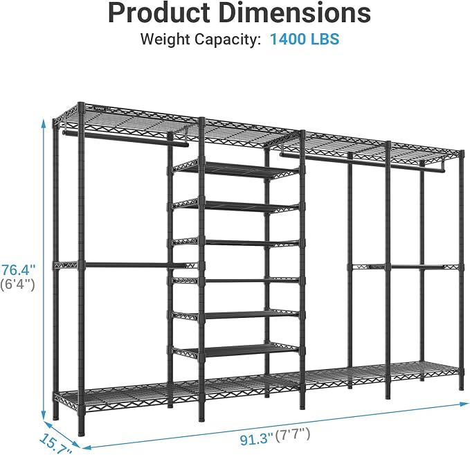 VIPEK S4 Heavy Duty Clothes Rack with Shoe Shelves Freestanding Clothing Rack with 8-Tier Shoe Rack, 4 Hanging Rod, Adjustable Shelf, Walk in Closet Organizer Garment Rack, Black