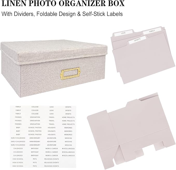Linen Photo Storage Box – Holds 1700 Photos, Photo Organizer with Lid for Photo, Pictures, 24 Adjustable Dividers & 72 Labels Multi-Use Organizer Memory Box for Envelopes, Baby, Wedding, Cards Beige
