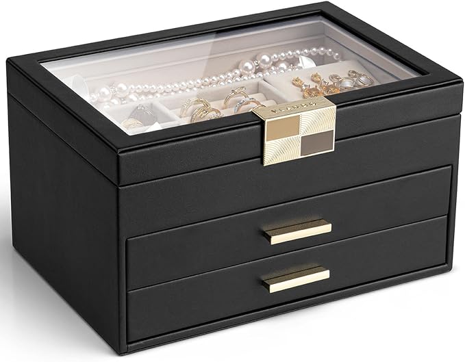 VLANDO Jewelry Box Organizer for Women, 3-Layer Jewelry Storage Case with Glass Lid, Gold Handle, 2 Drawers for Rings, Earrings, Necklaces and Bracelets - Black