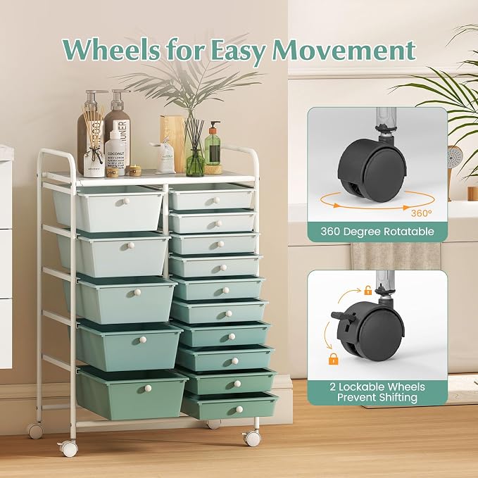RELAX4LIFE 15-Drawer Storage Drawer Carts - Mobile Rolling Utility Cart | 34.5"H White Metal Frame, Gradient Green Drawers, Rolling Wheels; Classroom School Office Home Craft Utility Storage