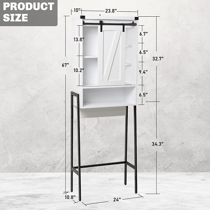 Over Toilet Storage Cabinet with Barn Door & Adjustable Shelves | 24 Inch Wide Bathroom Organizer, Space-Saving, Sturdy Wood, Anti-Tipping, Easy Assembly, for Restroom, Laundry, Small Spaces
