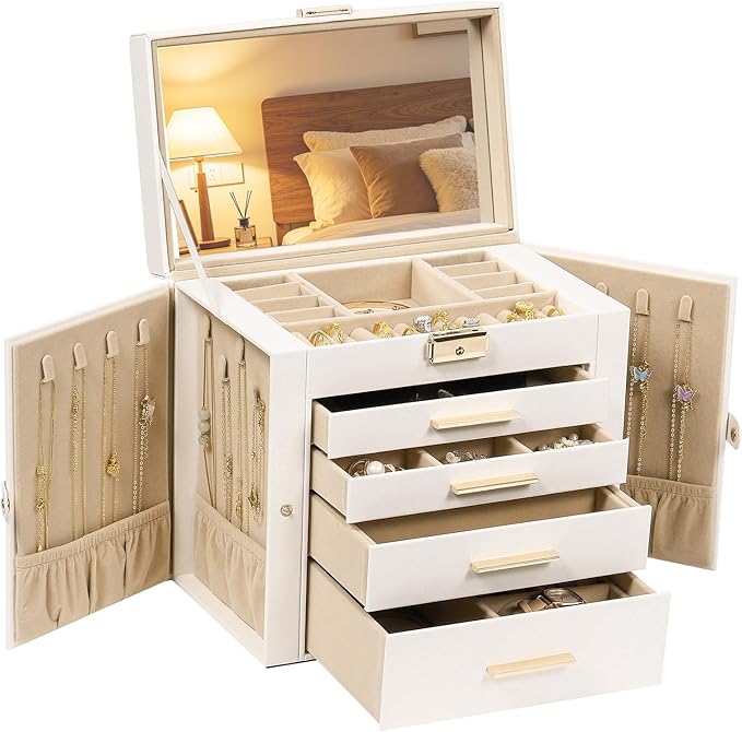 Synthetic Leather Huge Jewelry Box Mirrored Watch Organizer Necklace Ring Earring Storage Lockable Gift Case (White)